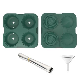 4-Holes Rose Diamond Shape Cocktail Ice Cube Molds Silicone Ice Ball Maker, Color: Dark Green with Ice Clip