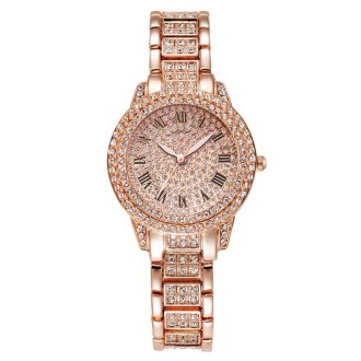 Full Diamond Roman Literal Steel Strap Quartz Watch, Color: Rose Gold