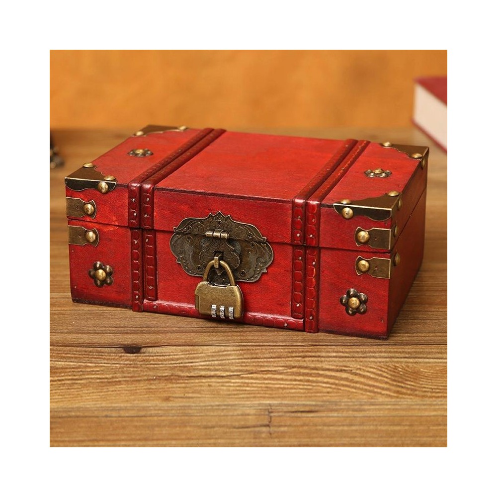 Antique Distressed Cosmetic Storage Box Dressing Table Props For Shooting Scenes，Specification： 6281-01GK10 Red + Password L