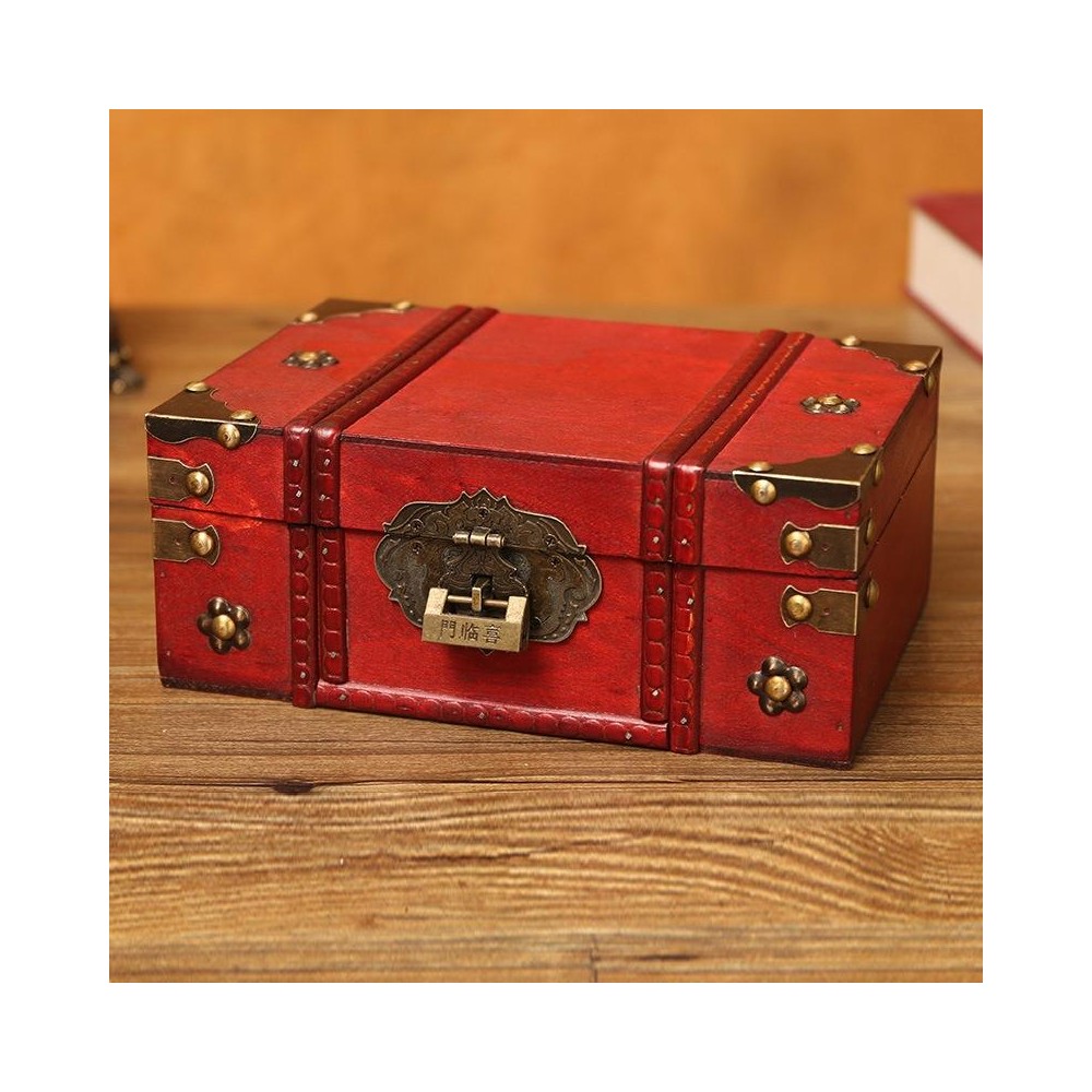 Antique Distressed Cosmetic Storage Box Dressing Table Props For Shooting Scenes，Specification： 6281-01GK02 Red + Lock