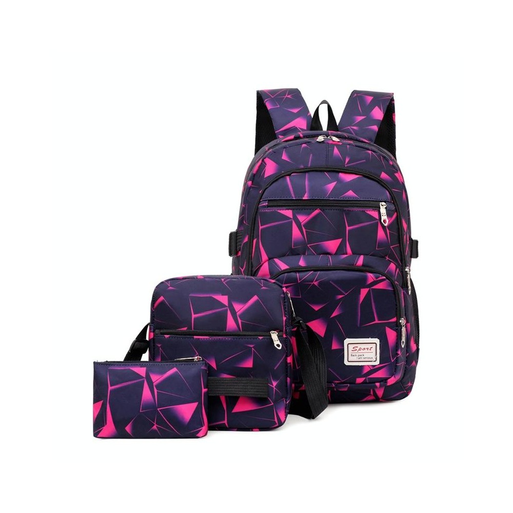 WA208 3 In 1 Diamond Print Canvas Backpack Shoulder Bag Student Schoolbag(Rose Red)