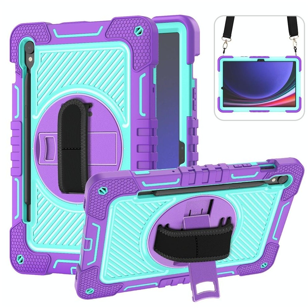 For Samsung Galaxy Tab S9 360 Degree Rotation PC Contrast Silicone Tablet Case(Purple + Mint Green)