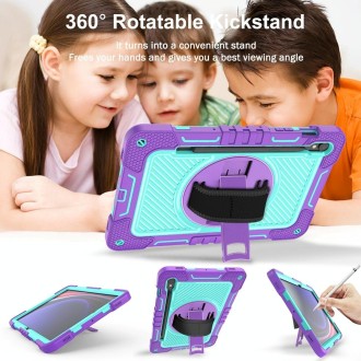 For Samsung Galaxy Tab S9 360 Degree Rotation PC Contrast Silicone Tablet Case(Purple + Mint Green)