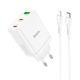 hoco N33 Start PD35W Dual Type-C + USB Charger with Type-C to 8 Pin Cable, EU Plug(White)