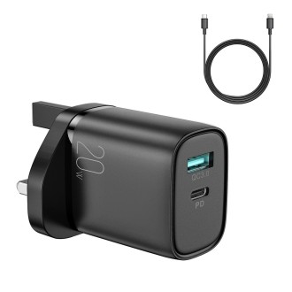 JOYROOM L-QP2011 20W USB+USB-C/Type-C Fast Charger with Cable Set, UK Plug(Black)