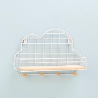 Wrought Iron Grid Cloud Shaped Wall Mounted Shelf Wood Board Home Decoration Hook Rack(White)