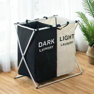 2 Grids Black and Beige Fabric Folding Hamper Waterproof Padded Oxford Compartment Laundry Basket Hamper