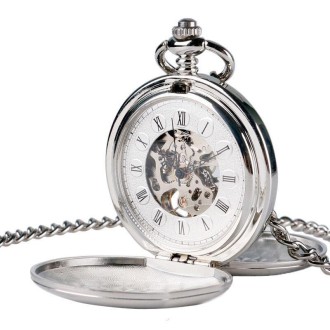 pm240 Classic Double Open Double Face Vintage Manual Mechanical Pocket Watch with Roman Lettering(Silver Shell Silver Face Silve