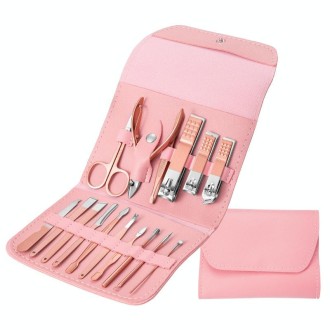 Nail Art Tool Set Nail Clippers Dead Skin Scissors Manicure Tool, Specification: 16 In 1 Pink