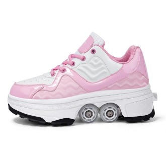 DF09 Children Runaway Sports Shoes Four-wheel Retractable Roller Skates, Size:34(Pink)