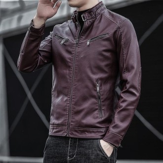 BS Autumn And Winter Man Leather Jacket Motorcycle Coat, Size:3XL(Regular Maroon)