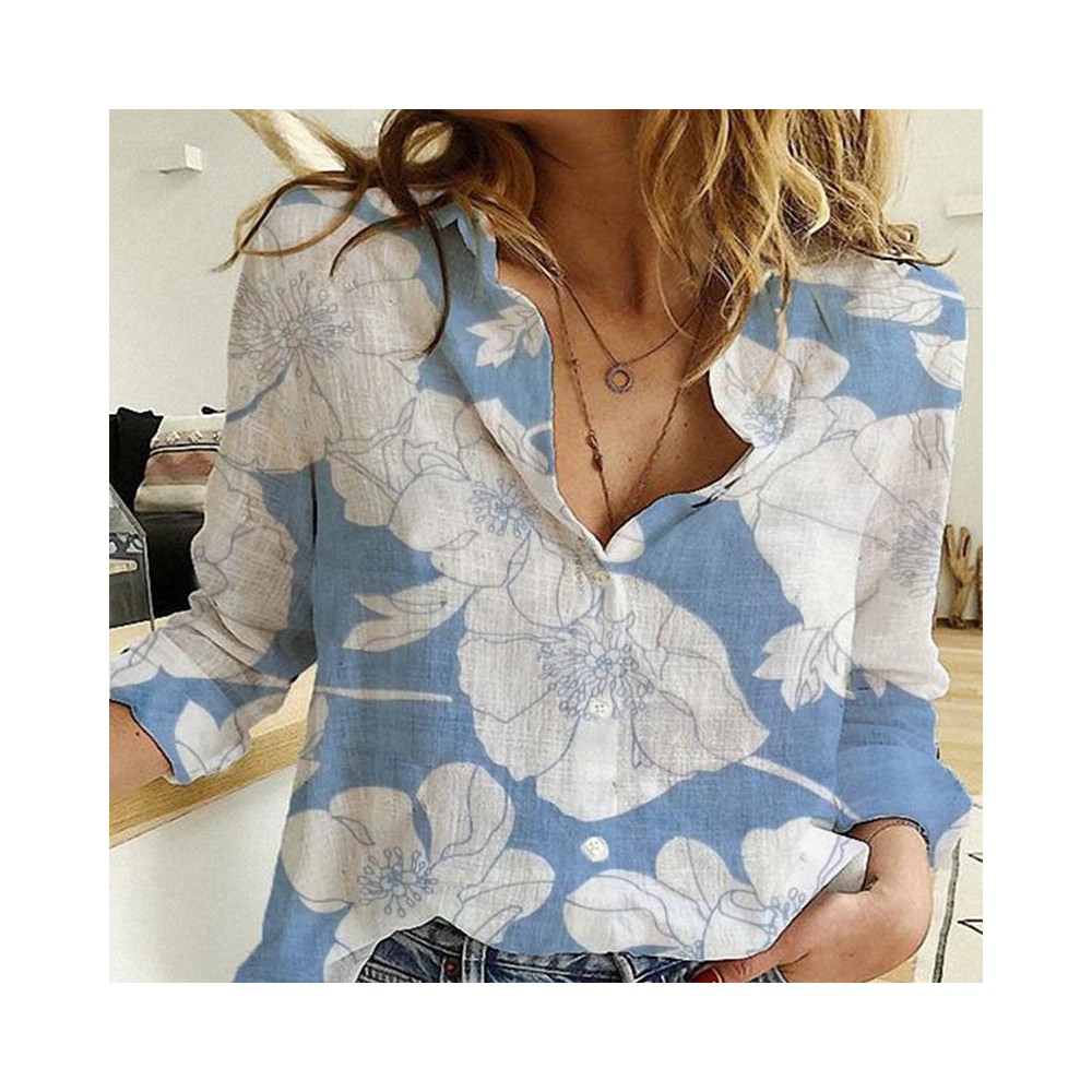 Spring And Autumn Casual Loose Long-Sleeved Breathable Linen Shirt, Size: XXXL(Blue Flower)