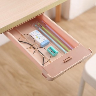 Under The Desk Drawer Type Storage Box Office Desktop Hidden Storage Box Student Stationery Box(Pink)