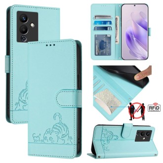 For Infinix Note 12 Pro 5G Cat Rat Embossed Pattern RFID Leather Phone Case with Lanyard(Mint Green)