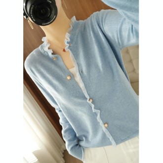 Pearl Button Crew Neck Lace Trim Cardigan Sweater (Color:Blue Size:One Size)