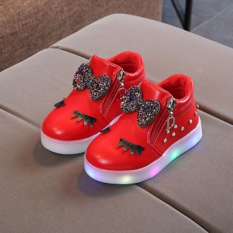 Kids Shoes Baby Infant Girls Eyelash Crystal Bowknot LED Luminous Boots Shoes Sneakers, Size:24(Red)