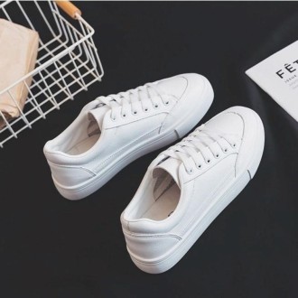 Women Casual Solid Color PU Leather Shoes Spring and Autumn All Match Sneakers, Size: 35(Pure White)