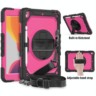 For iPad 10.2 Shockproof Colorful Silica Gel + PC Protective Case with Holder & Shoulder Strap & Hand Strap & Pen Slot(Black+Hot