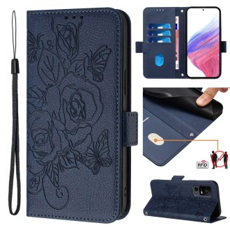 For TCL 40R Embossed Rose RFID Anti-theft Leather Phone Case(Dark Blue)