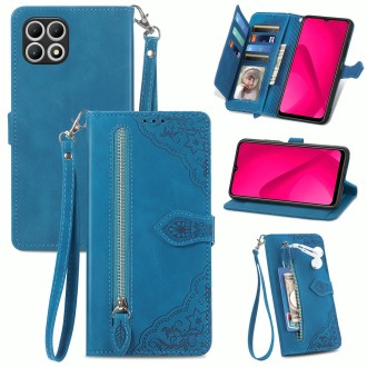 For T-Mobile T Phone 2 5G Embossed Flower Zipper Leather Phone Case(Blue)