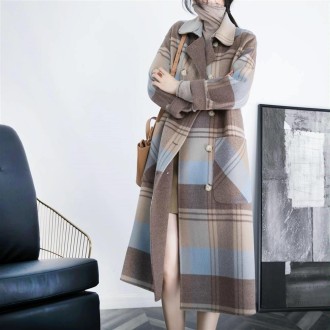 Winter Double-breasted Large Pockets Loose Mid-length Plaid Woolen Coat for Ladies (Color:As The Picture Shows Size:L)