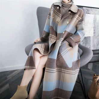 Winter Double-breasted Large Pockets Loose Mid-length Plaid Woolen Coat for Ladies (Color:As The Picture Shows Size:L)