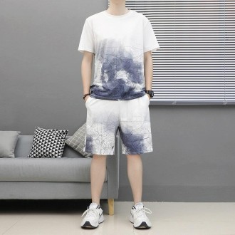 Men Loose Short Sleeve Shorts Casual Suit (Color:Light Grey Size:XXL)