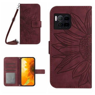 For T-Mobile REVVL 7 Pro 5G Skin Feel Sun Flower Embossed Flip Leather Phone Case with Lanyard(Wine Red)