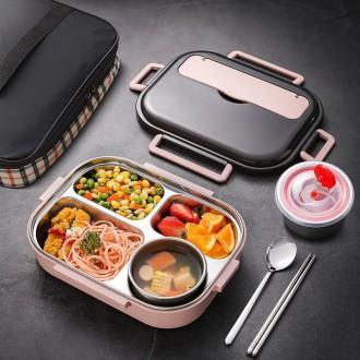 304 Stainless Steel Double-Layer Large-Capacity Portable Lunch Box, Color: Ink Pink(Medium 4 Grid)