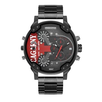 CAGARNY 6820 Men Dual Movement Red Face Steel Strap Quartz Watch(Black)