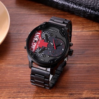 CAGARNY 6820 Men Dual Movement Red Face Steel Strap Quartz Watch(Black)