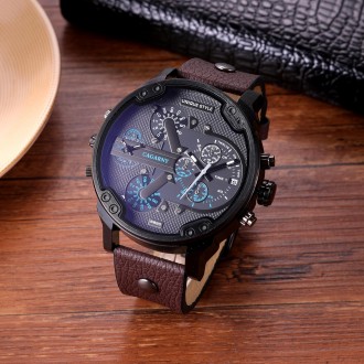 CAGARNY 6820 Men Dual Movement Blue Face Leather Strap Quartz Watch(Brown)