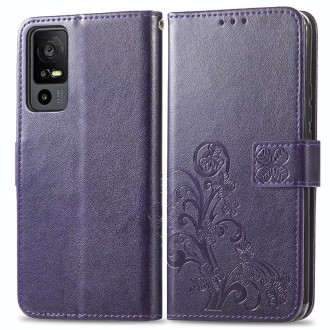 For TCL 40 XE 5G Four-leaf Clasp Embossed Buckle Leather Phone Case(Purple)