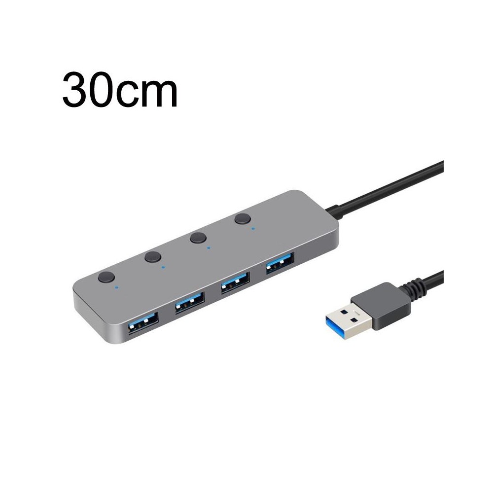 HS0059 Independent Switch USB 3.0 4 Ports Extension Type-C / USB-C Aluminum Alloy HUB, Cable Length: 30cm