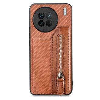 For vivo X90 Carbon Fiber Horizontal Flip Zipper Wallet Phone Case(Brown)