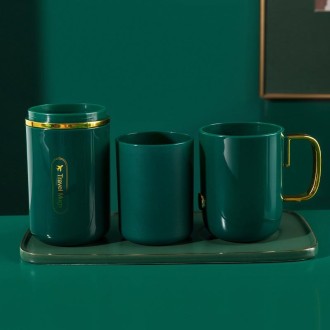 JM043 Home Mouthwash Cup Set Couple Convenient Travel Toothbrush Box, Style: 3 Cups Dark Green