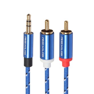 REXLIS 3610 3.5mm Male to Dual RCA Gold-plated Plug Blue Cotton Braided Audio Cable for RCA Input Interface Active Speaker, Leng