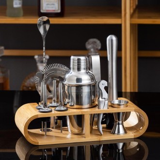 12 In 1 Stainless Steel Bartender Set With Oval Wooden Frame Base Bar Bartending Tools, Style: 350ml