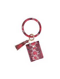 Wrist Keychain Coin Purse PU Leather Snake Print Bracelet Card Case(Red)