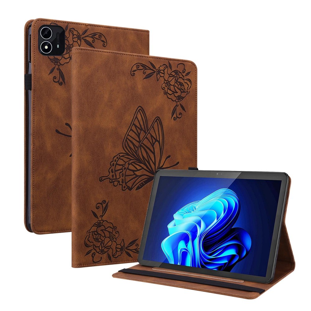 For itel Pad One 10.1 Butterfly Flower Embossed Leather Tablet Case(Brown)