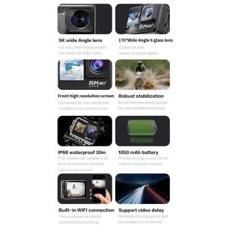 5K/30FPS WIFI HD Anti-Shake Remote Touch Dual-Screen IP68 Waterproof Sports Camera, Style: Black