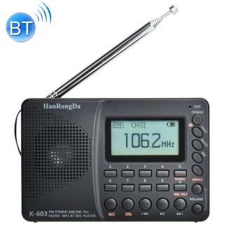 K-603 Portable FM / AM / SW Full Band Stereo Radio, Support BT & TF Card (Black)