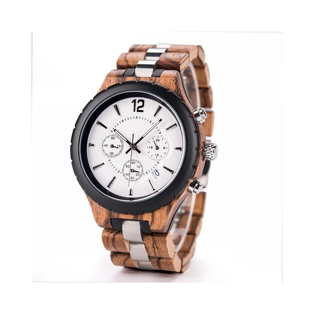 D21 Men Wooden Strap Stainless Steel Luminous Waterproof Watch(White)