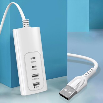 PD 20W Dual USB-C / Type-C + Dual USB 4-Ports Fast Charging Power Socket, USB Plug Cable Length: 1m