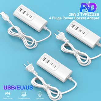 PD 20W Dual USB-C / Type-C + Dual USB 4-Ports Fast Charging Power Socket, USB Plug Cable Length: 1m