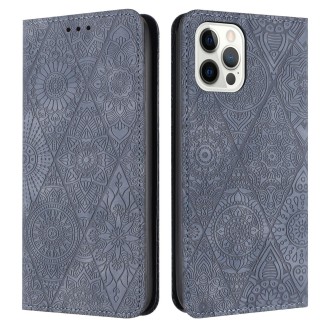 For iPhone 14 Pro Ethnic Embossed Adsorption Leather Phone Case(Grey)