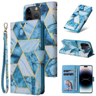 For iPhone 14 Pro Marble Bronzing Stitching Horizontal Flip PU Leather Case(Blue)