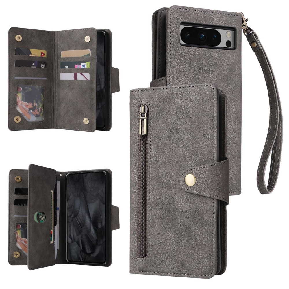 For Google Pixel 8 Pro Rivet Buckle 9 Cards Three Fold Leather Phone Case(Grey)