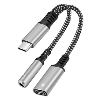 2 in 1 USB-C / Type-C Male to PD 60W USB-C / Type-C Charging + 3.5mm Audio Female Earphone Adapter (Silver)