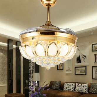 Invisible Crystal Fan LED Chandelier Home Living Room Bedroom Variable Frequency Ceiling Fan Light with Remote Control, Size:42 